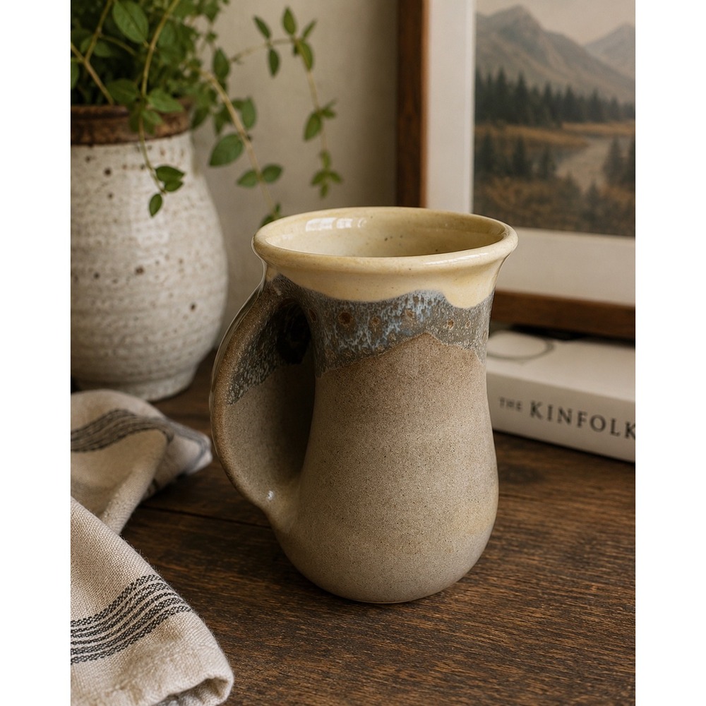 Neher 2018 Hand Warmer Mug Studio Pottery Earth Tone Glaze Left Handed 5in